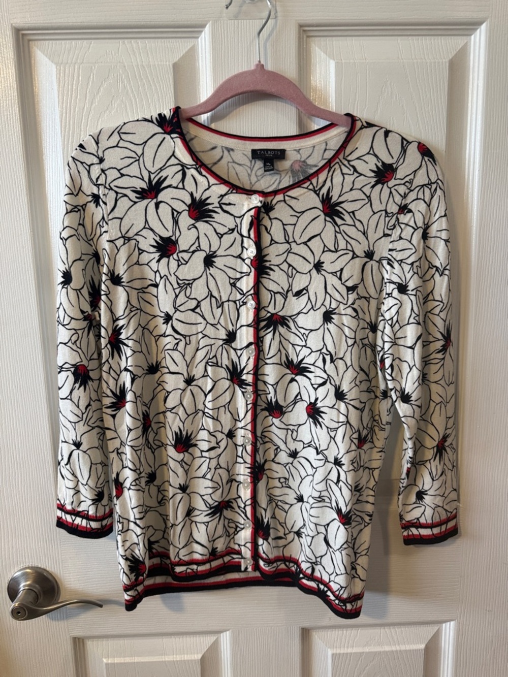 Talbots Cream Floral Cardigan with Black & Red Trim